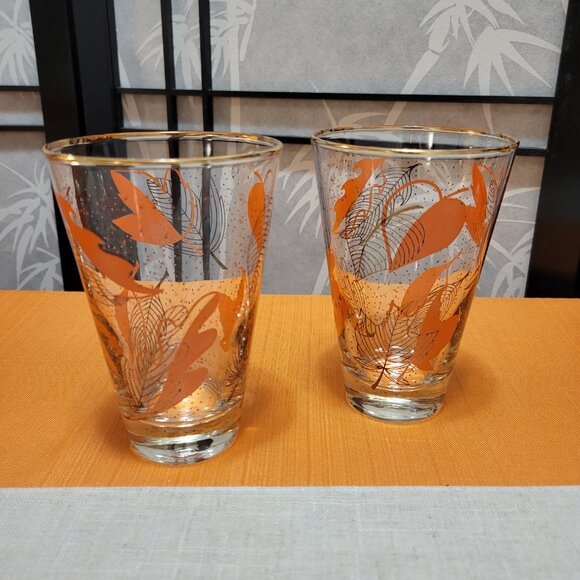 VTG Dominion Glass Etched Tumblers MCM Orange & Gold Leaves Pattern - Picture 3 of 5